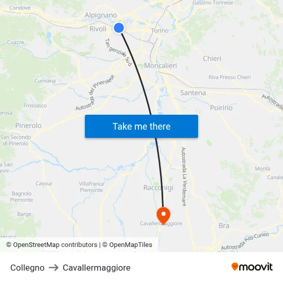 Collegno to Cavallermaggiore map