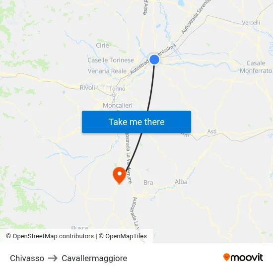 Chivasso to Cavallermaggiore map