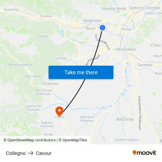 Collegno to Cavour map