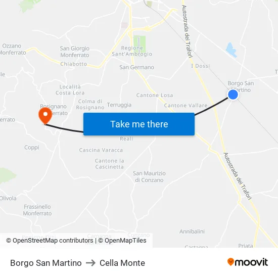Borgo San Martino to Cella Monte map