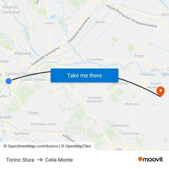 Turin Stura to Cella Monte map