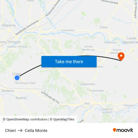 Chieri to Cella Monte map