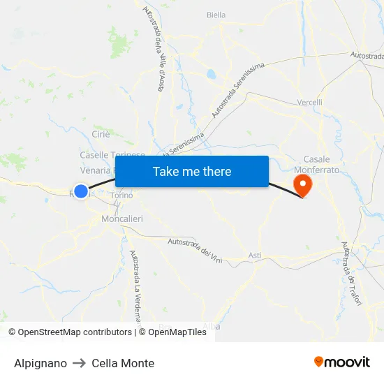 Alpignano to Cella Monte map