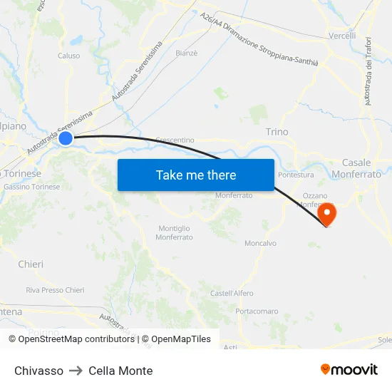 Chivasso to Cella Monte map