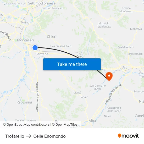 Trofarello to Celle Enomondo map