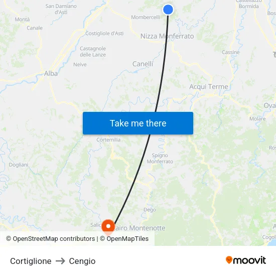 Cortiglione to Cengio map