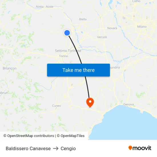 Baldissero Canavese to Cengio map