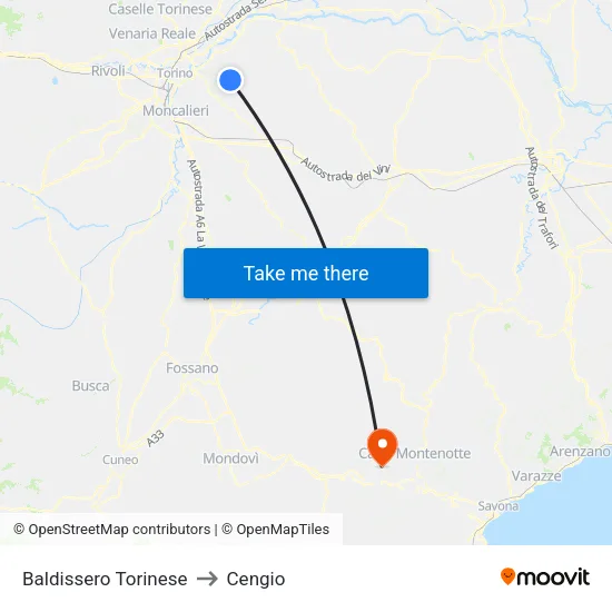 Baldissero Torinese to Cengio map