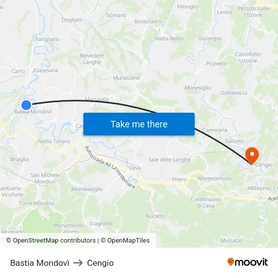 Bastia Mondovì to Cengio map