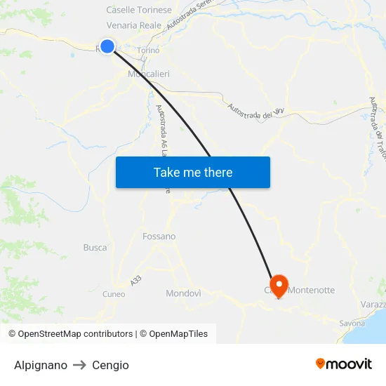 Alpignano to Cengio map