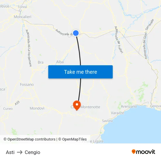 Asti to Cengio map