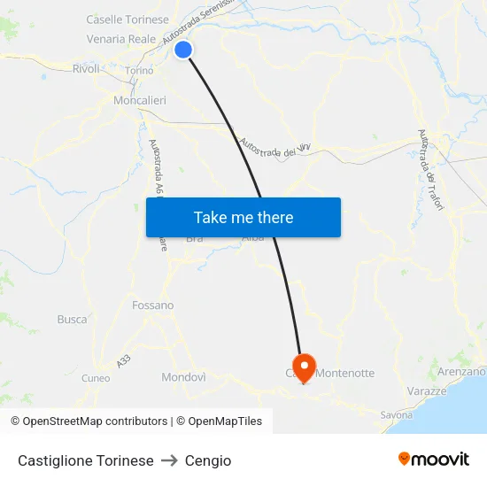 Castiglione Torinese to Cengio map