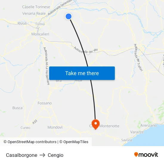 Casalborgone to Cengio map