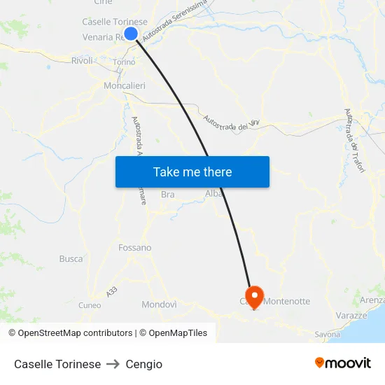 Caselle Torinese to Cengio map