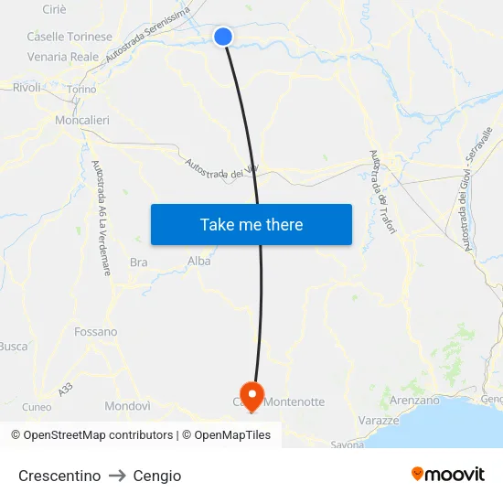 Crescentino to Cengio map