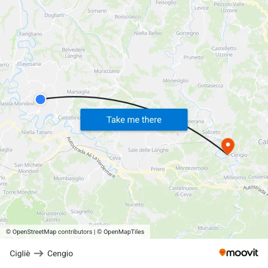 Cigliè to Cengio map