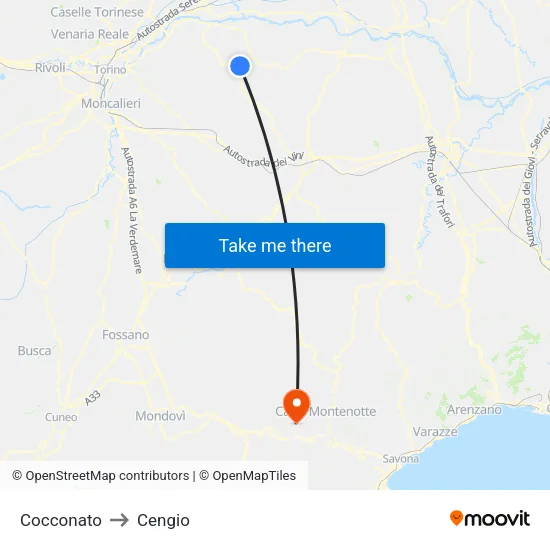 Cocconato to Cengio map