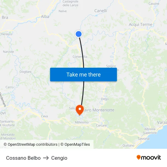 Cossano Belbo to Cengio map