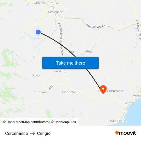 Cercenasco to Cengio map