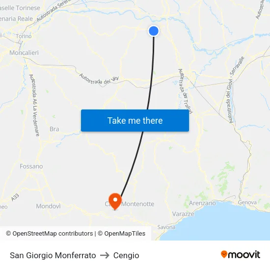 San Giorgio Monferrato to Cengio map