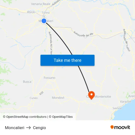 Moncalieri to Cengio map