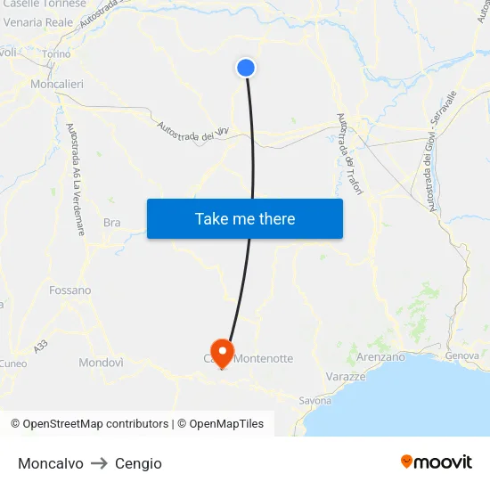 Moncalvo to Cengio map