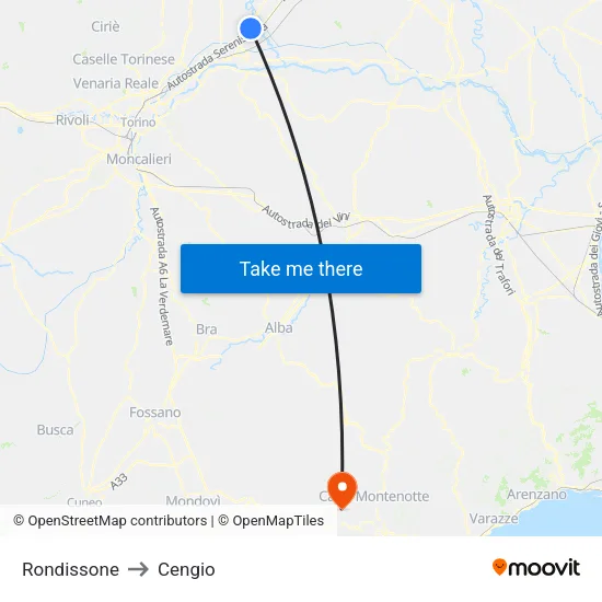 Rondissone to Cengio map