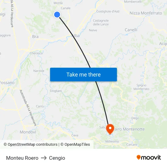 Monteu Roero to Cengio map
