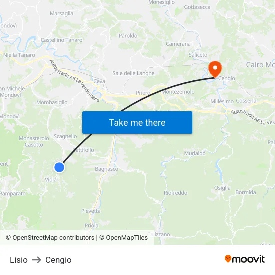 Lisio to Cengio map