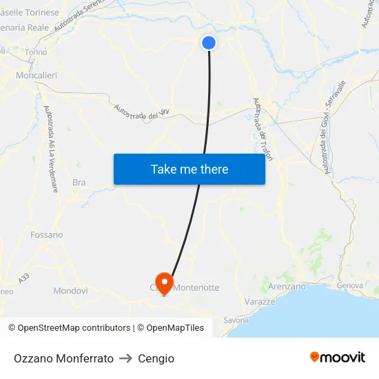 Ozzano Monferrato to Cengio map