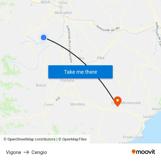 Vigone to Cengio map