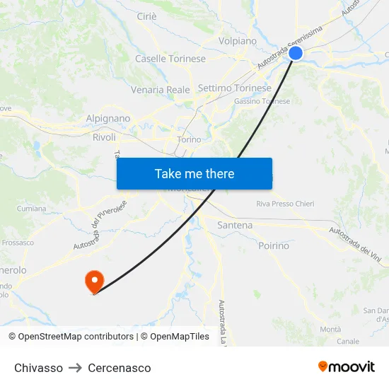 Chivasso to Cercenasco map