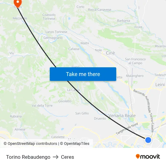 Turin Rebaudengo to Ceres map