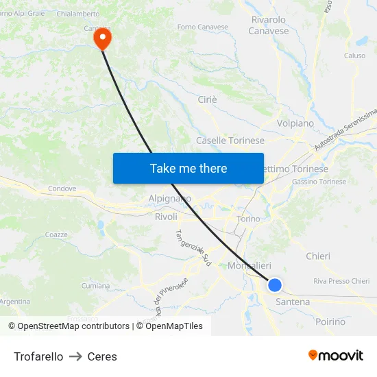 Trofarello to Ceres map
