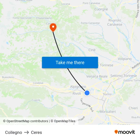 Collegno to Ceres map