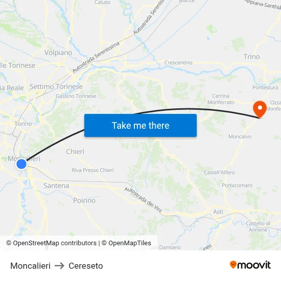 Moncalieri to Cereseto map