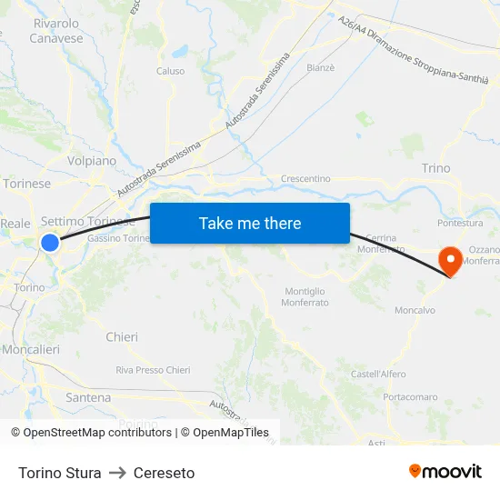 Turin Stura to Cereseto map