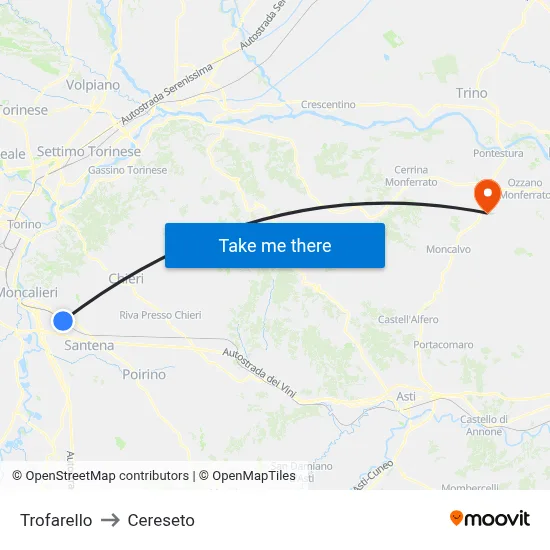 Trofarello to Cereseto map
