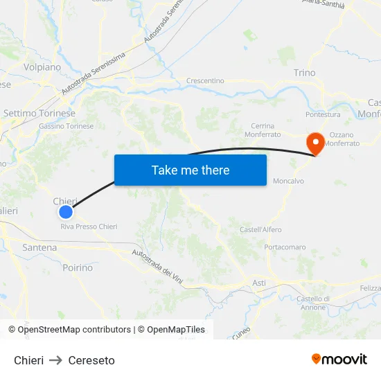 Chieri to Cereseto map