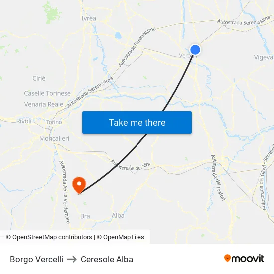 Borgo Vercelli to Ceresole Alba map