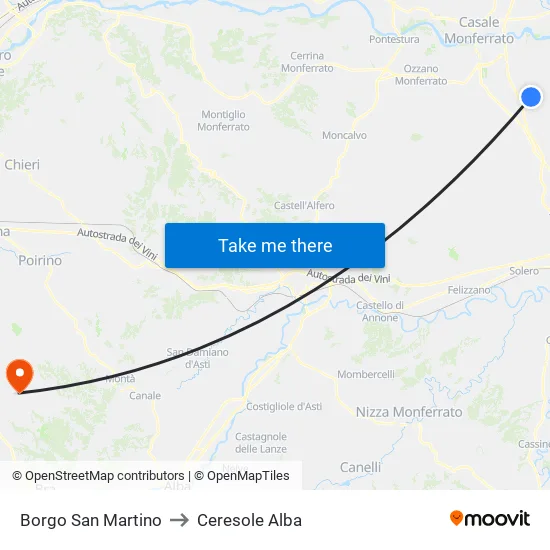 Borgo San Martino to Ceresole Alba map