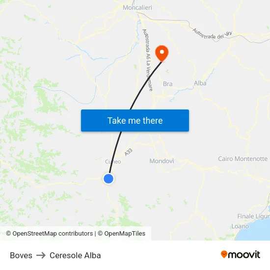 Boves to Ceresole Alba map