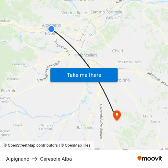 Alpignano to Ceresole Alba map