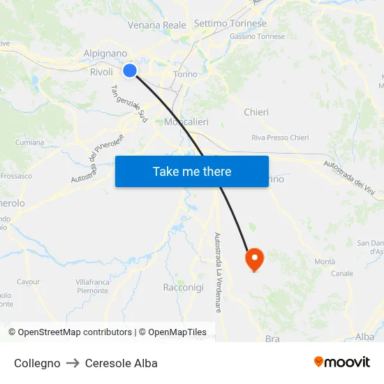 Collegno to Ceresole Alba map