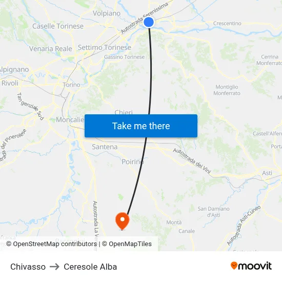 Chivasso to Ceresole Alba map
