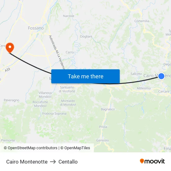 Cairo Montenotte to Centallo map