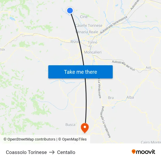 Coassolo Torinese to Centallo map