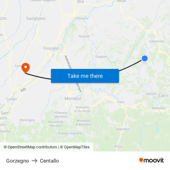 Gorzegno to Centallo map