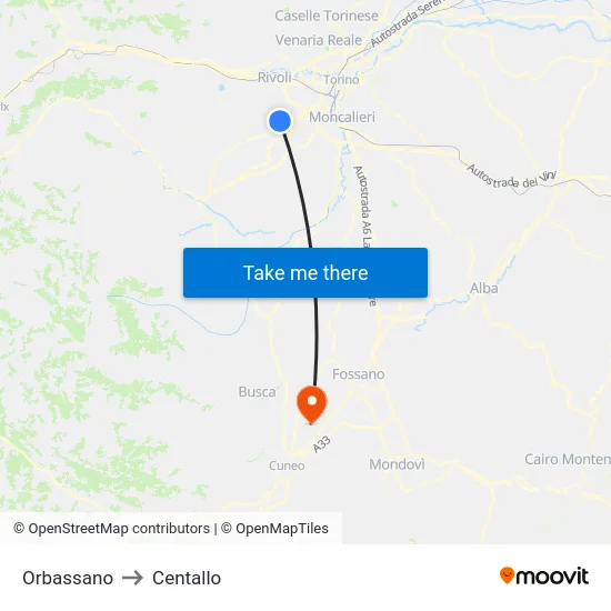 Orbassano to Centallo map