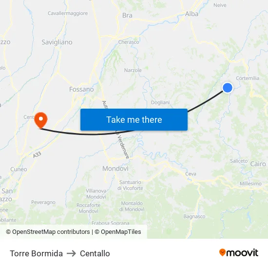 Torre Bormida to Centallo map